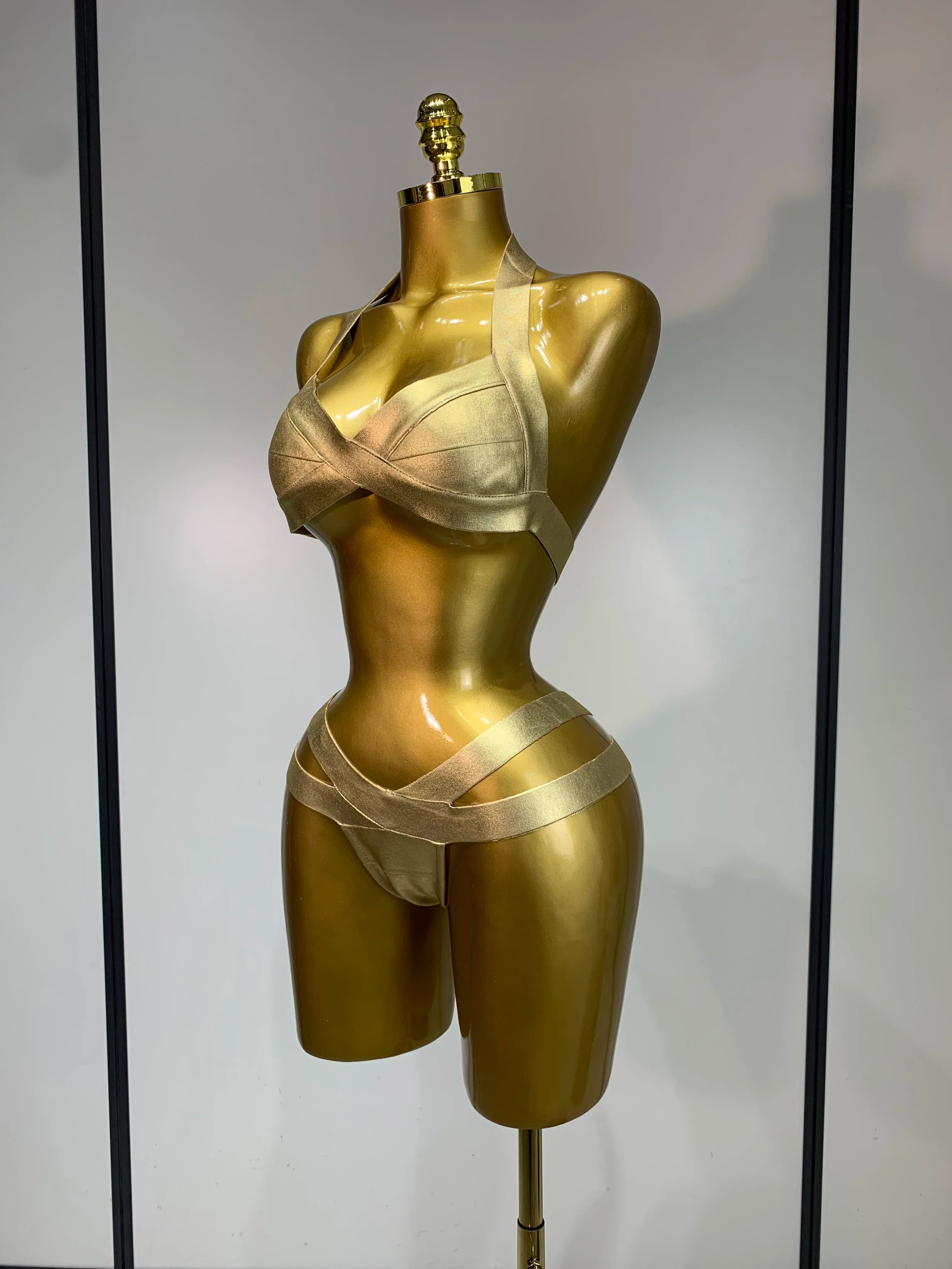 Gold Knitted Halter Bandage Two-Piece Set Stage Performance Costume Outfit