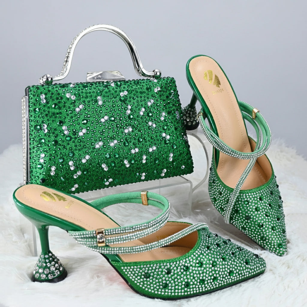 Italian Rhinestone Short Heel and Bag Set