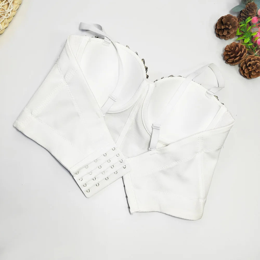 Crystal Chain Strap Bustier Corset Crop Top Hook-and-Eye Stage Bralette