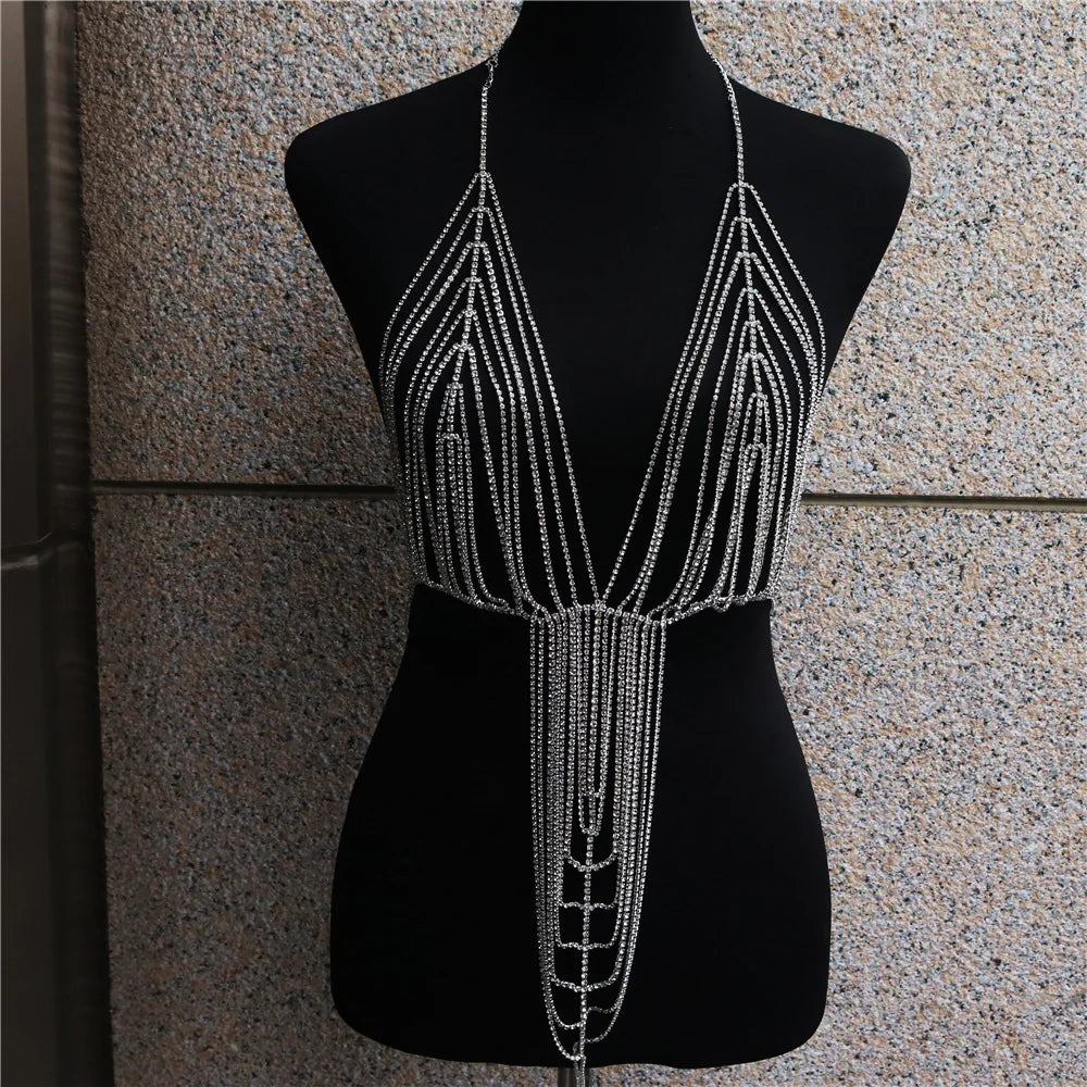 Dazzling Multilayer Fringed Body Chain & Jumpsuit Bikini Set