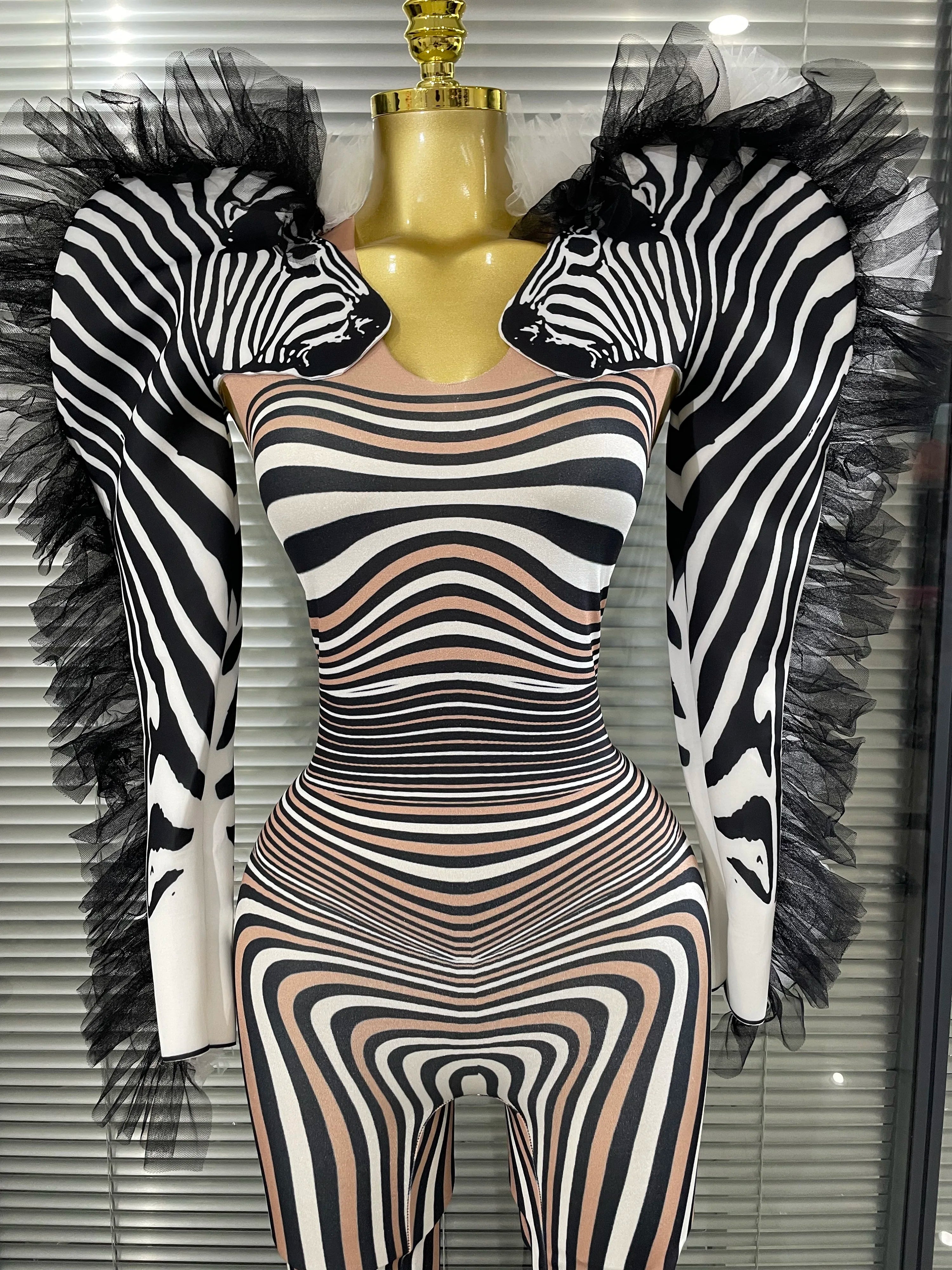 Zebra Print Illusion Catsuit & Feather Wing Bolero Jacket 2-Piece Stage Costume Set