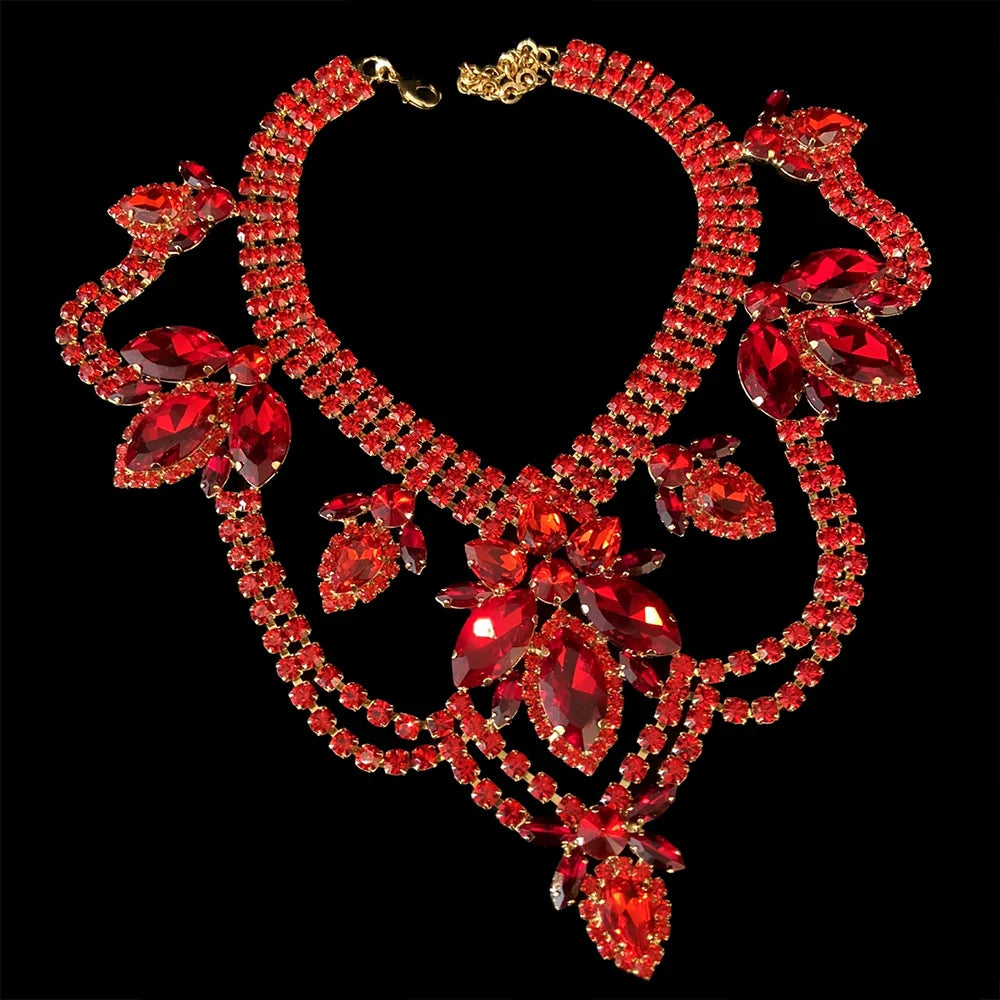 Leaf Rhinestone Necklace Earrings Set