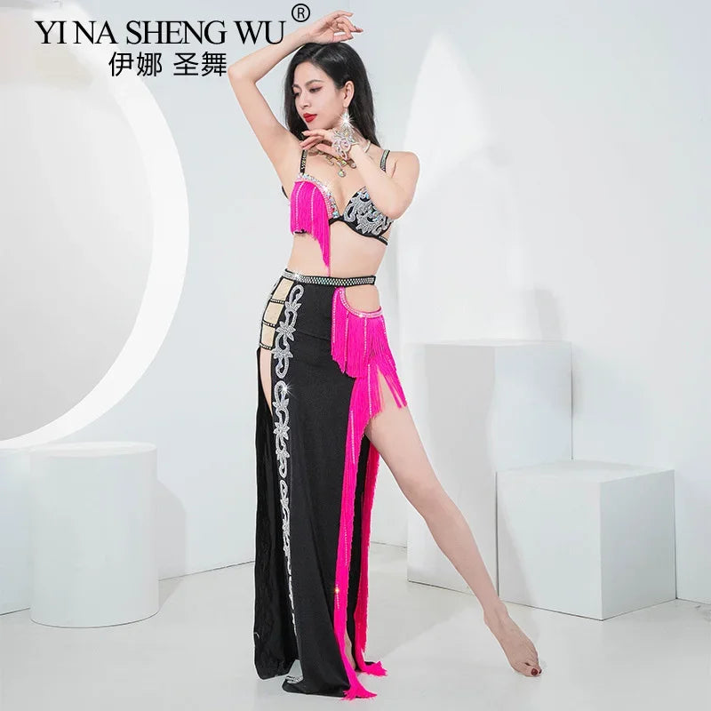 Sparkly Shaabi Belly Dance Competition Gown 4-Piece Beaded Bra, Skirt, Robe & Shorts Set