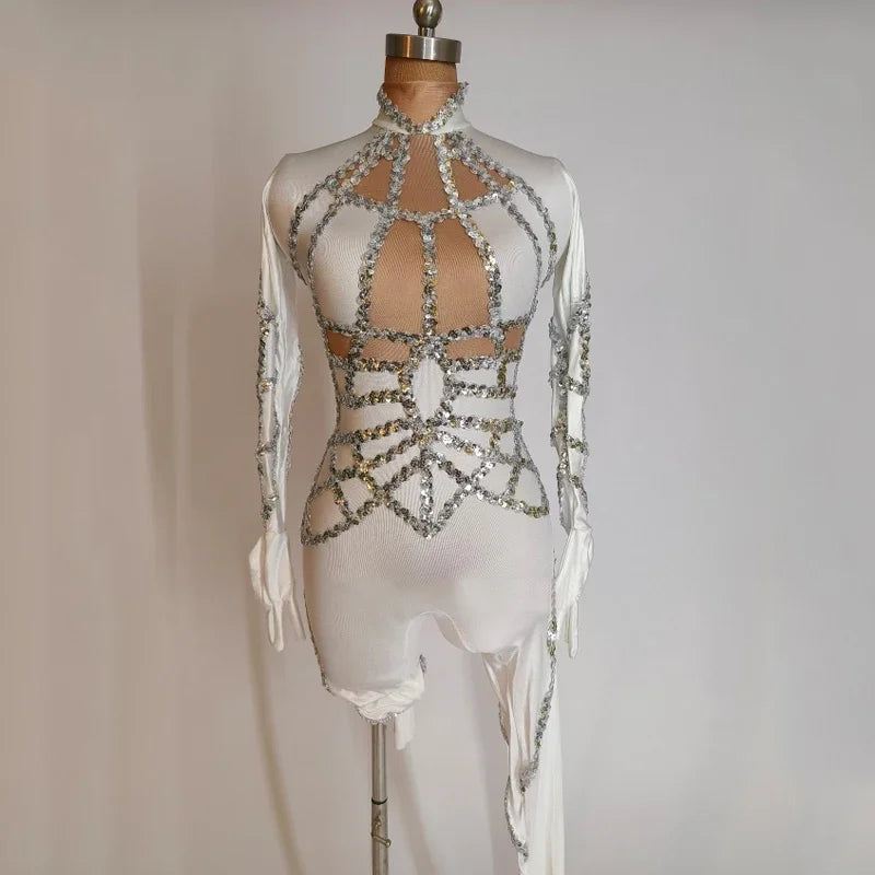White Sequin Stretch Performance Jumpsuit