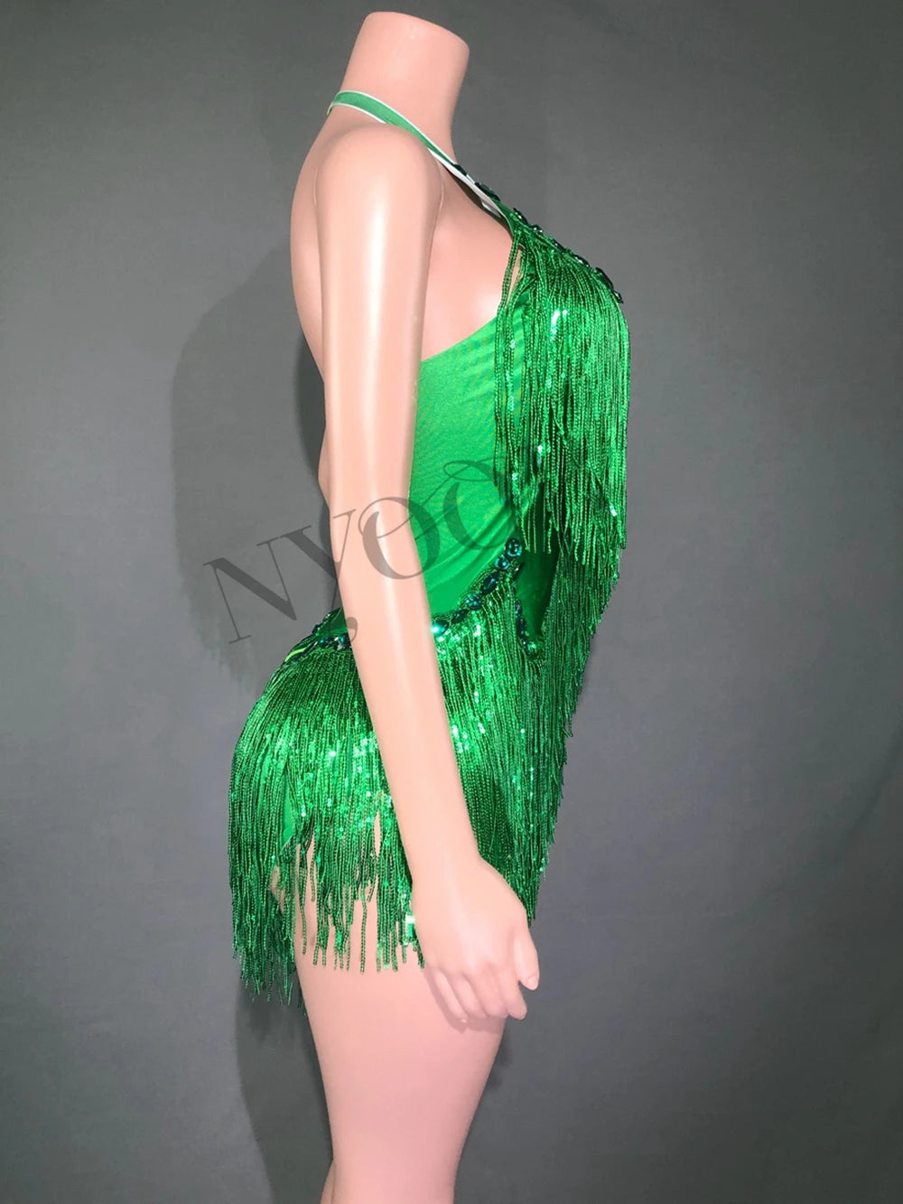 Sparkly Emerald Green Rhinestone Sequin Fringe Bodysuit Backless Stage Leotard