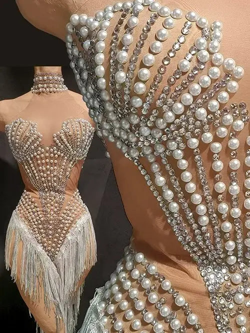 Sparkly Rhinestone, Pearl & Tassel Transparent Performance Dress Stage Costume