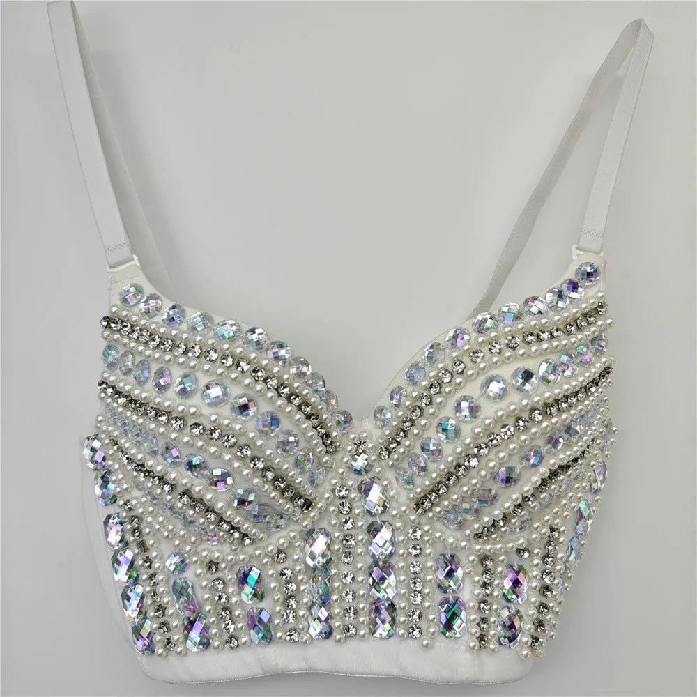 Sparkly Rhinestone Corset Tank Top Showgirl Stage Performance Bra Bustier