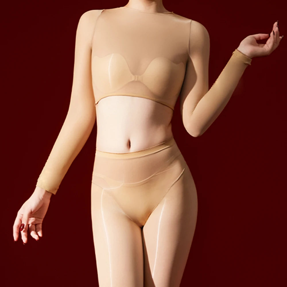 Sexy Women 5D 912 Pin Oil Glossy Shiny Short Top Elastic T-shirt Sheer See Through Maid Tights Crop Tops Yoga Street Wear