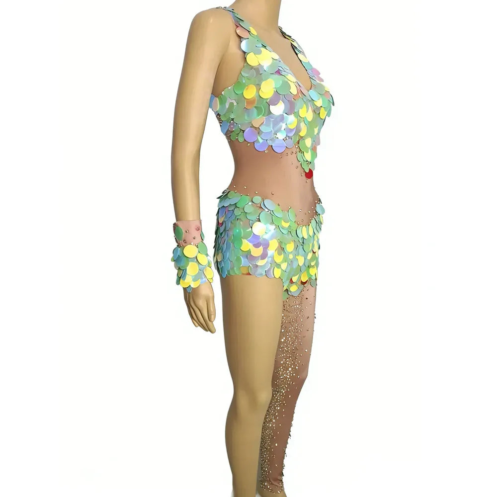 Asymmetrical Sequined Rhinestone Bodysuit & Single Legging Catsuit Stage Costume
