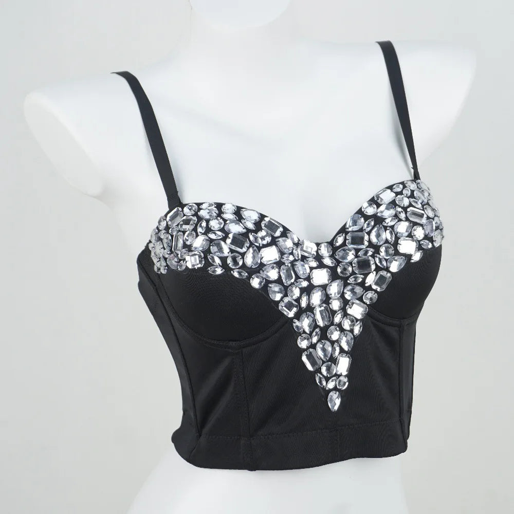 Black Crystal Bustier Corset Crop Top Beaded Stage Costume Evening Bralette