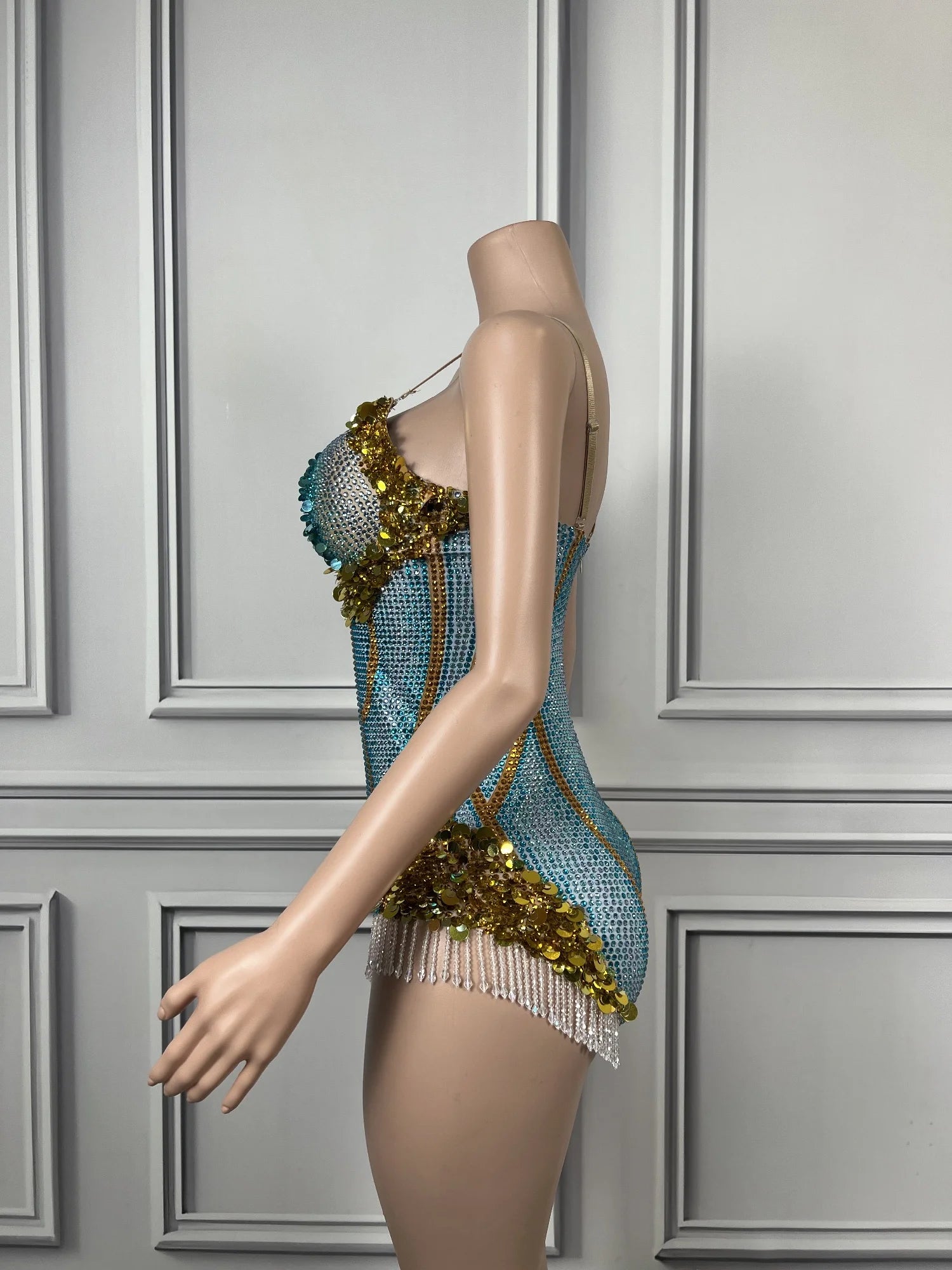 Sparkly Crystal Sequins Sleeveless Bodysuit Nightclub Event Singer Stage Leotard