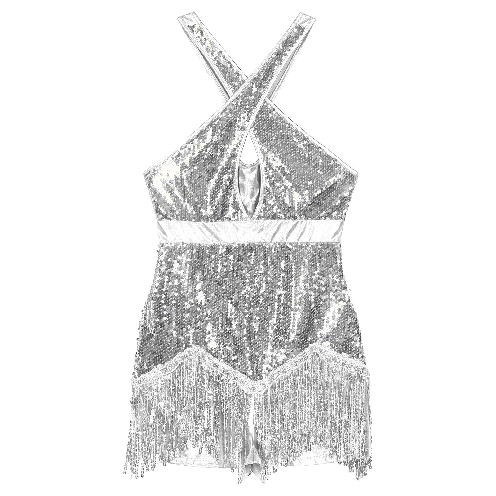 Sequined Fringe Cross-Front Latin Dance Leotard Costume Dress