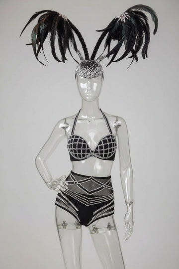 Silver Crystal Diamond Bikini & Sculptural Wing Headpiece Stage Performance Costume Set