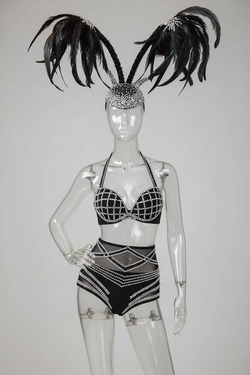 Silver Crystal Diamond Bikini & Sculptural Wing Headpiece Stage Performance Costume Set