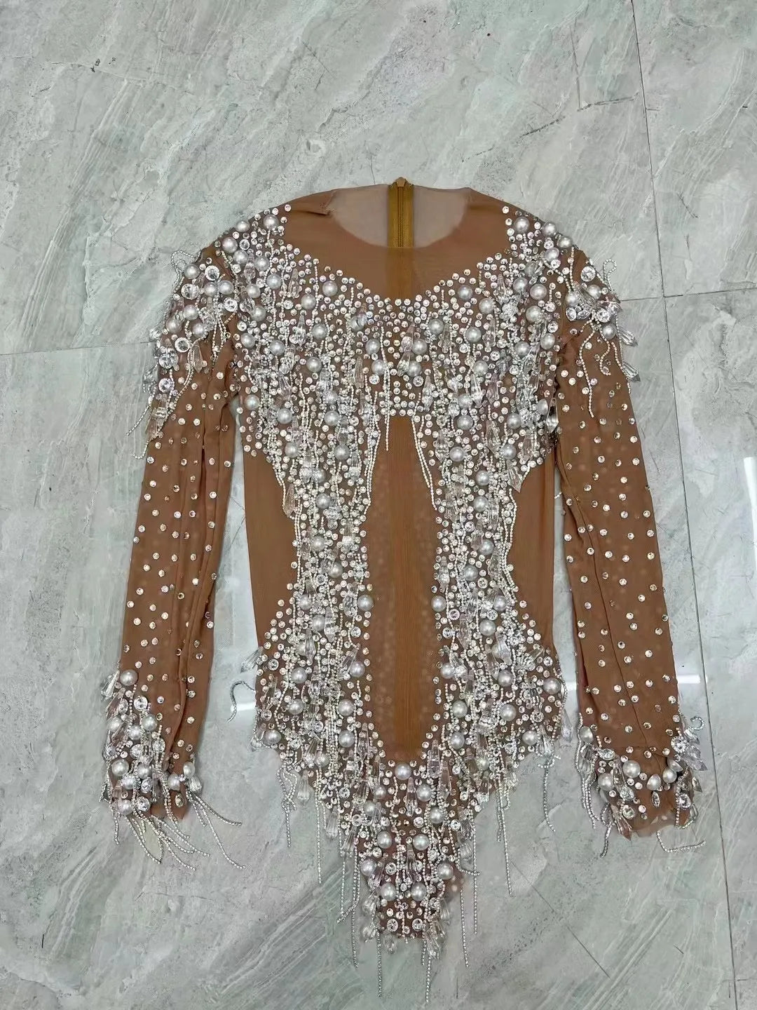 Sparkly Rhinestone, Pearl & Chain Long-Sleeve Mesh Bodysuit Stage Performance Costume