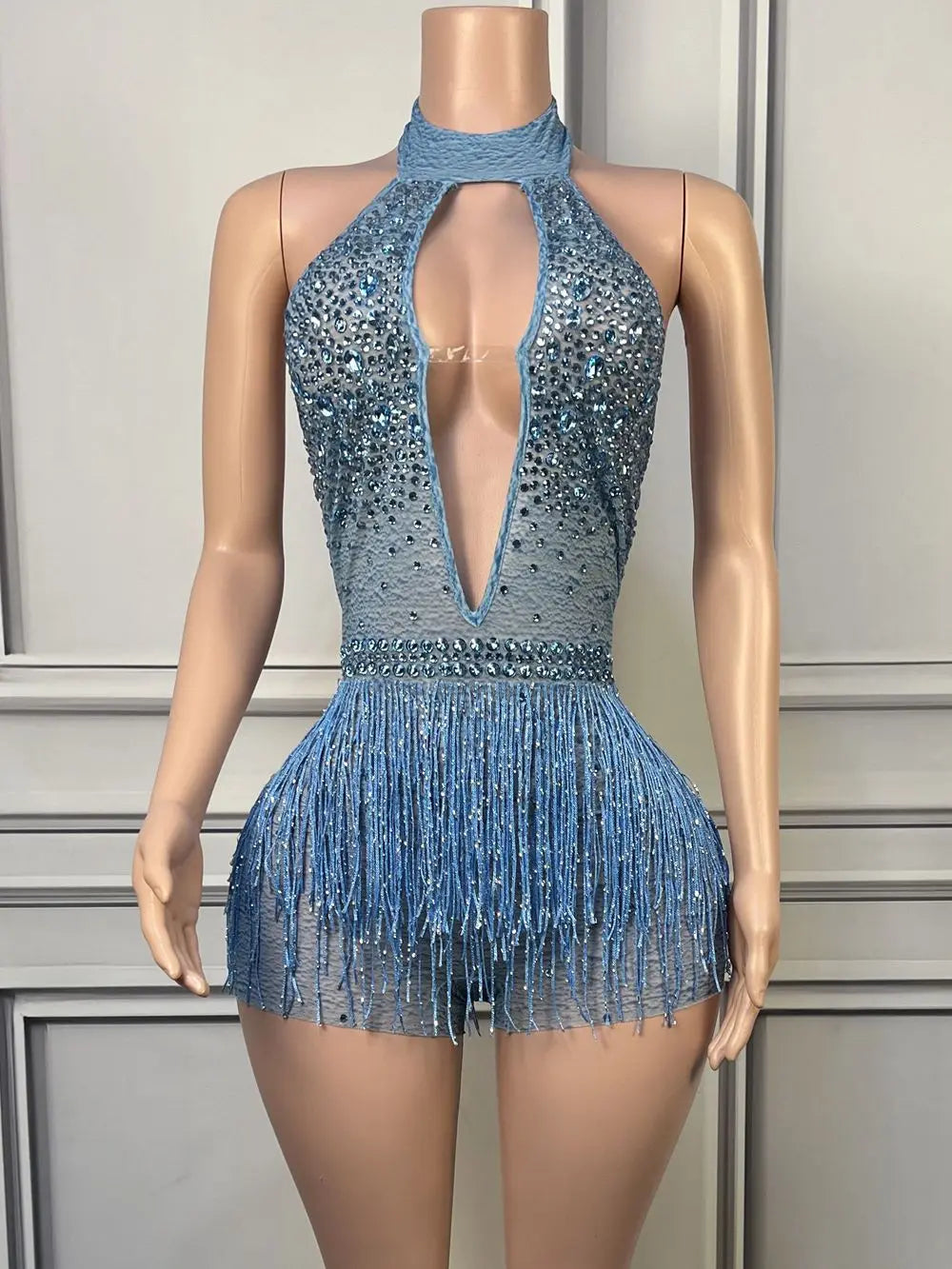 Sparkly Rhinestone Tassel Halter Bodysuit Deep V Backless Stage Dance Leotard