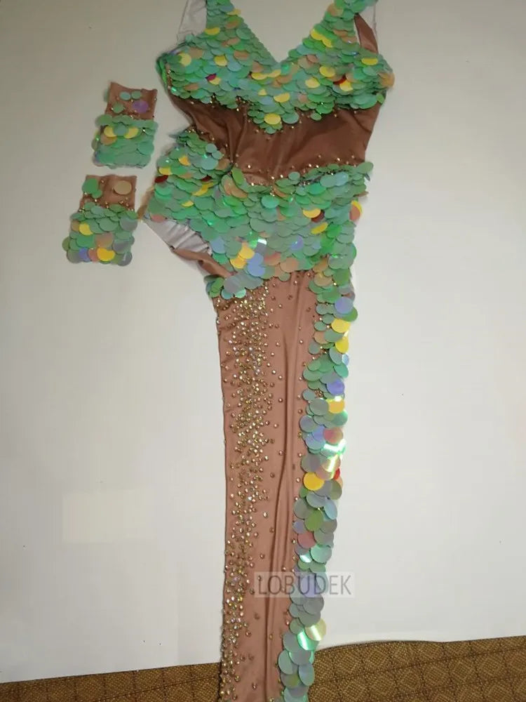 Asymmetrical Sequined Rhinestone Bodysuit & Single Legging Catsuit Stage Costume