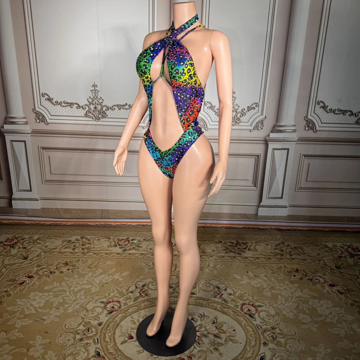 Women's Leopard Print Rhinestone One-Piece Swimsuit | Halter Neck Waterdrop Bead Cutout Swimwear
