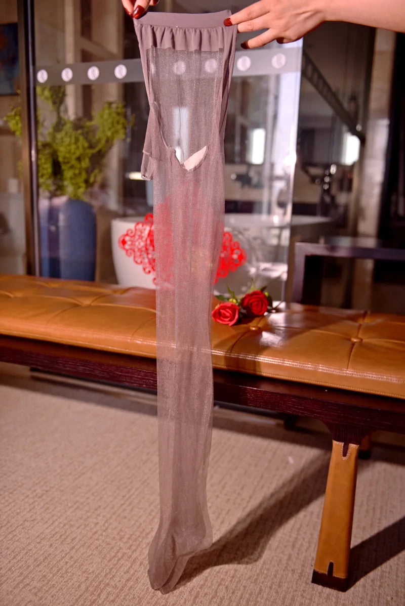Sexy Men Oil Gloosy See Through U Convex Pouch Stockings Penis Open Close Sleeve Stockings Sheer Shiny Pantyhose Tight Plus Size