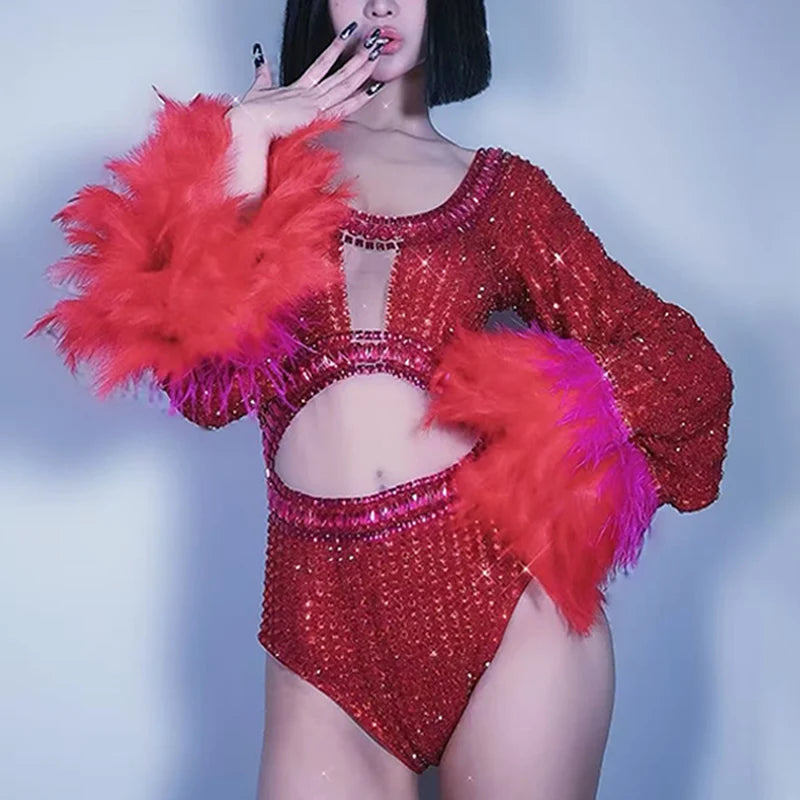 Red Hollow-Out Rhinestone Bodysuit & Feather Trim Stage Performance Costume