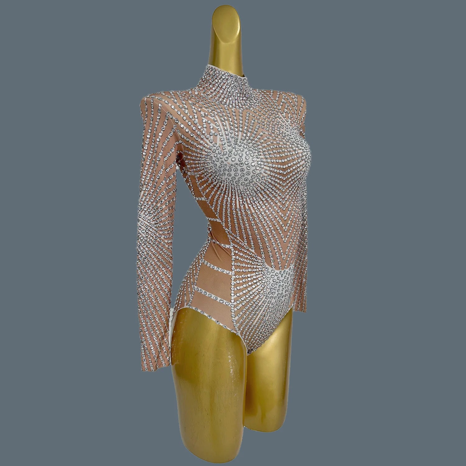 Sparkly Nude Rhinestone Dance Performance Leotard Stage Bodysuit
