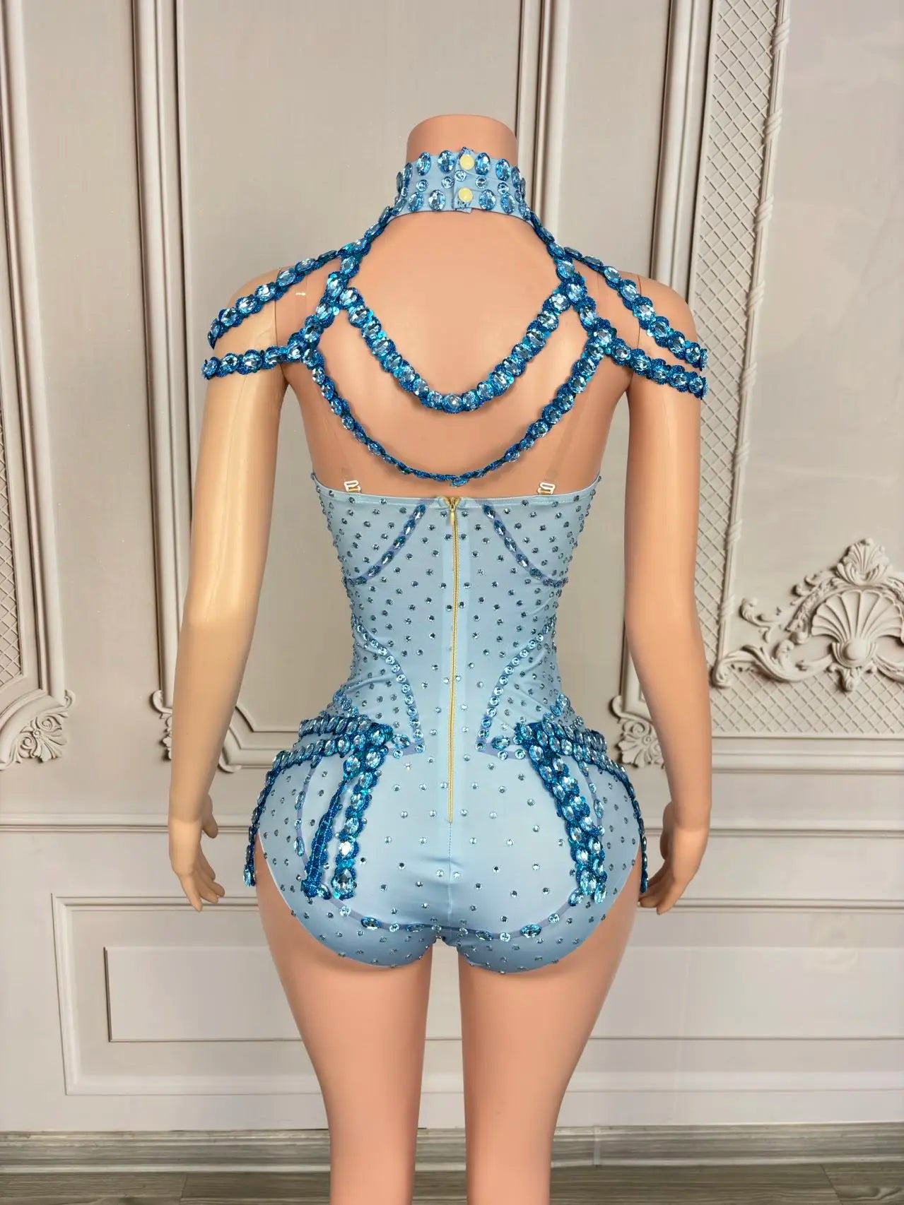 Sparkly Rhinestone Tassel Spandex Bodysuit Halter Dance Stage Costume Leotard