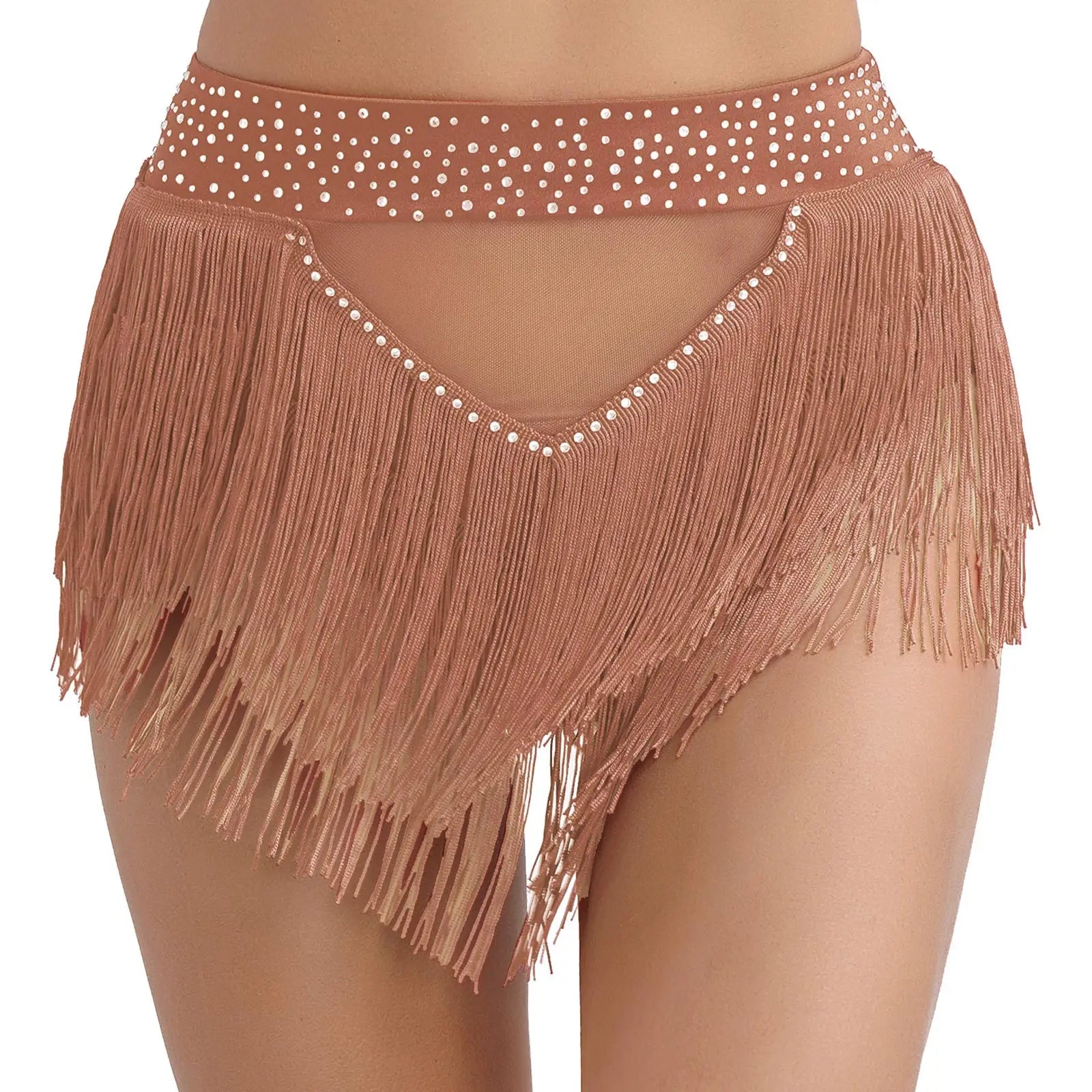 Rhinestone Tassel High-Waist Dance Shorts & Sheer Mesh Fringe Skirt