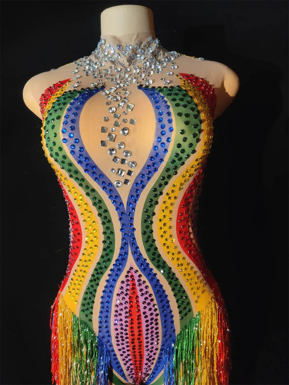 Rainbow Stripe Rhinestone Fringe Bodysuit Colorful Crystal Stage Dance Leotard