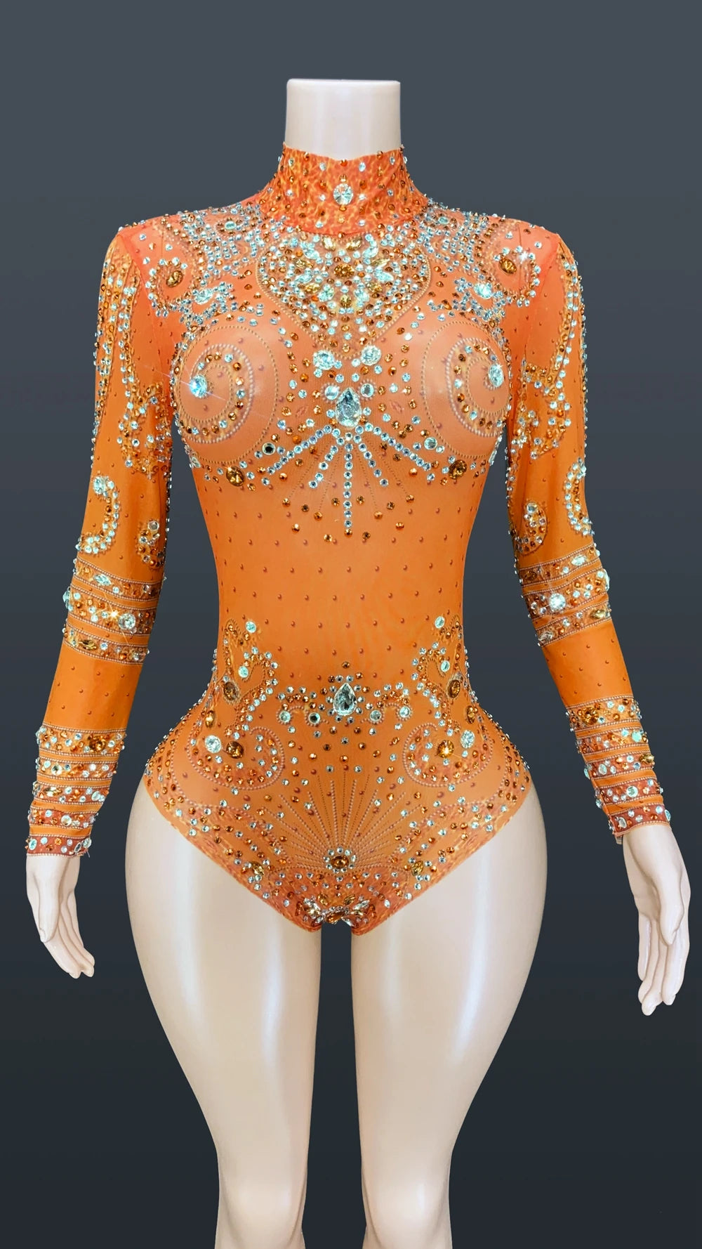 Sparkly Crystals Long-Sleeve Mesh Bodysuit Stage Performance Costume