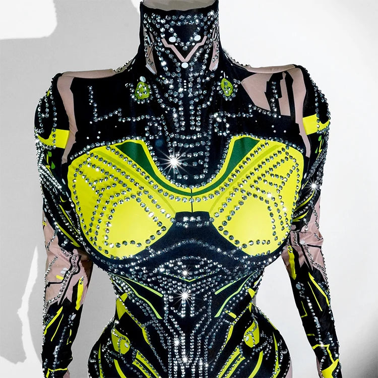Futuristic Cyber Armor Rhinestone Bodysuit Mock Neck Sleeveless Stage Dance Costume