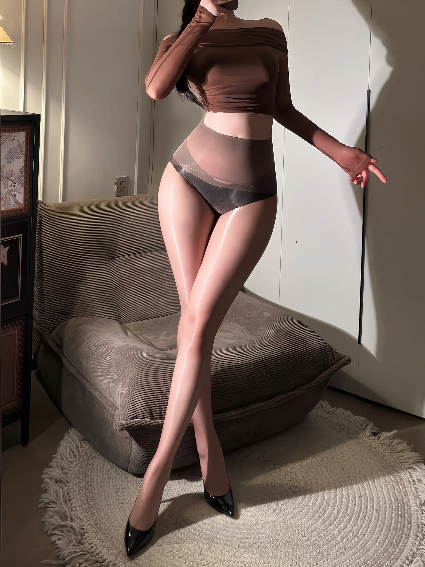Sexy Women 5D Thin Seamless Elastic Oil Glossy Shiny Sockings Sheer See Through Tights Open Crotch Maid Shaping Pantyhose