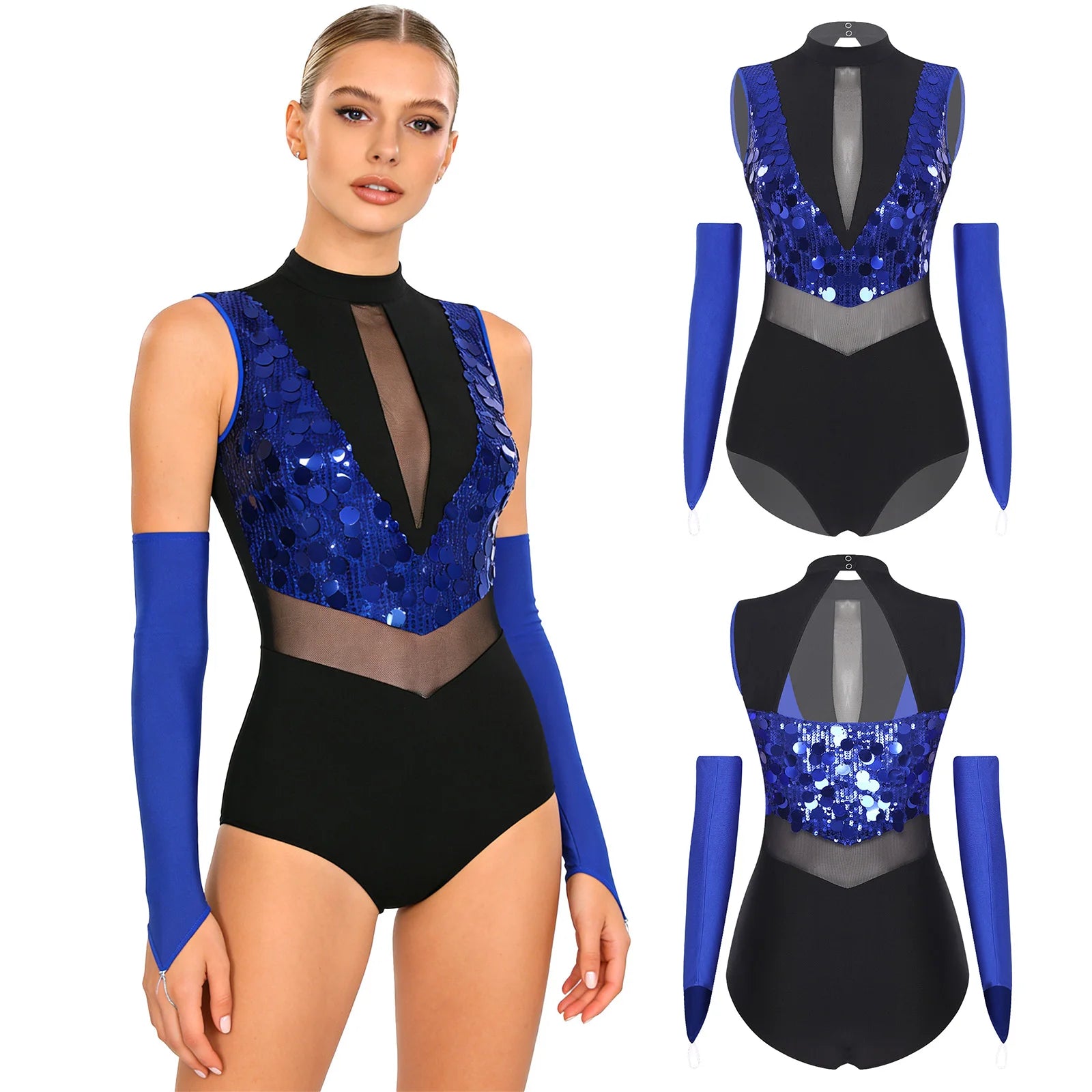Sparkly Sequin Mock Neck Dance Leotard & Gloves Two-Piece Bodysuit Set