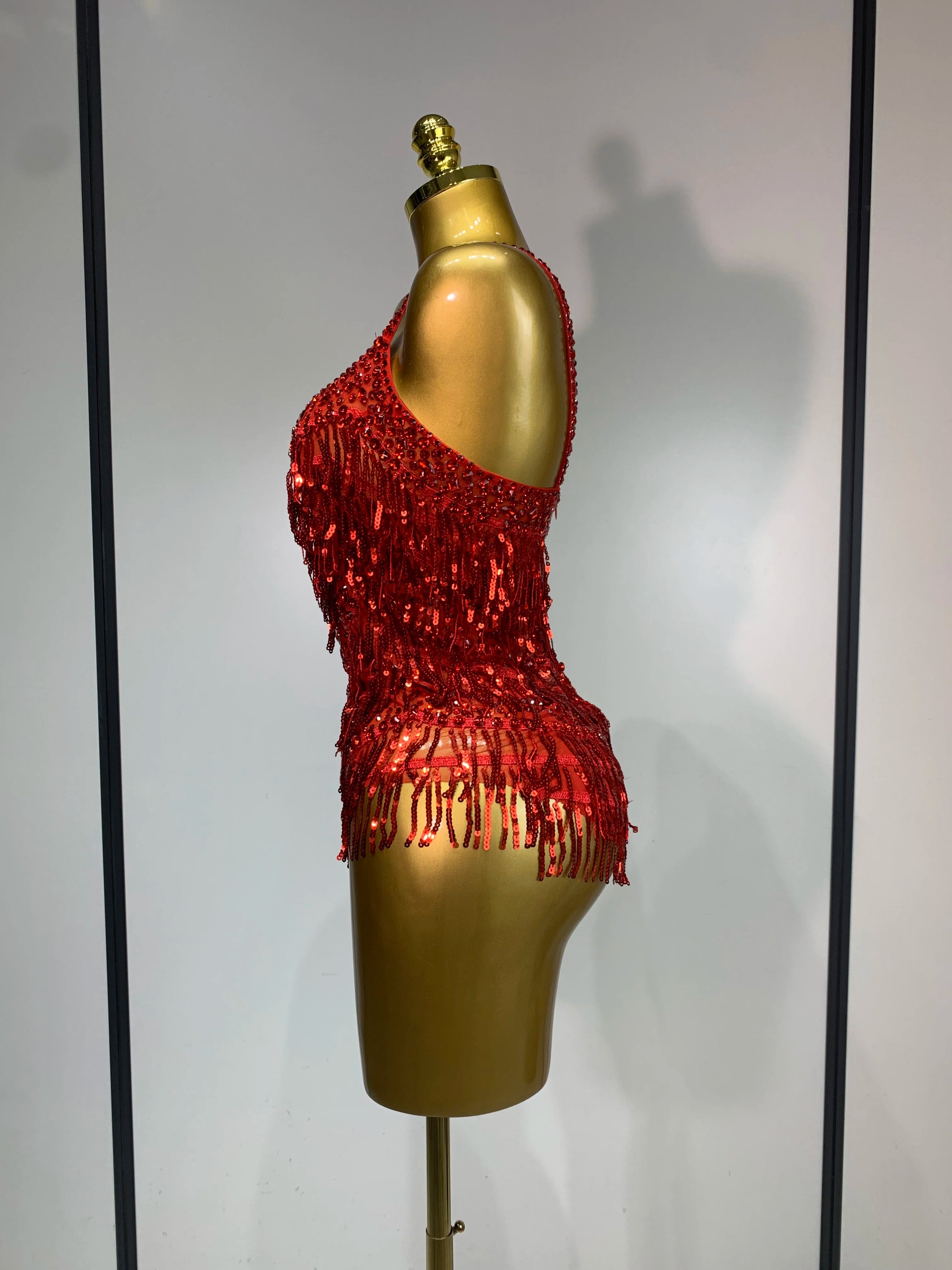 Sparkly Rhinestone Tassel Backless Mesh Bodysuit Luxury Stage Performance Costume