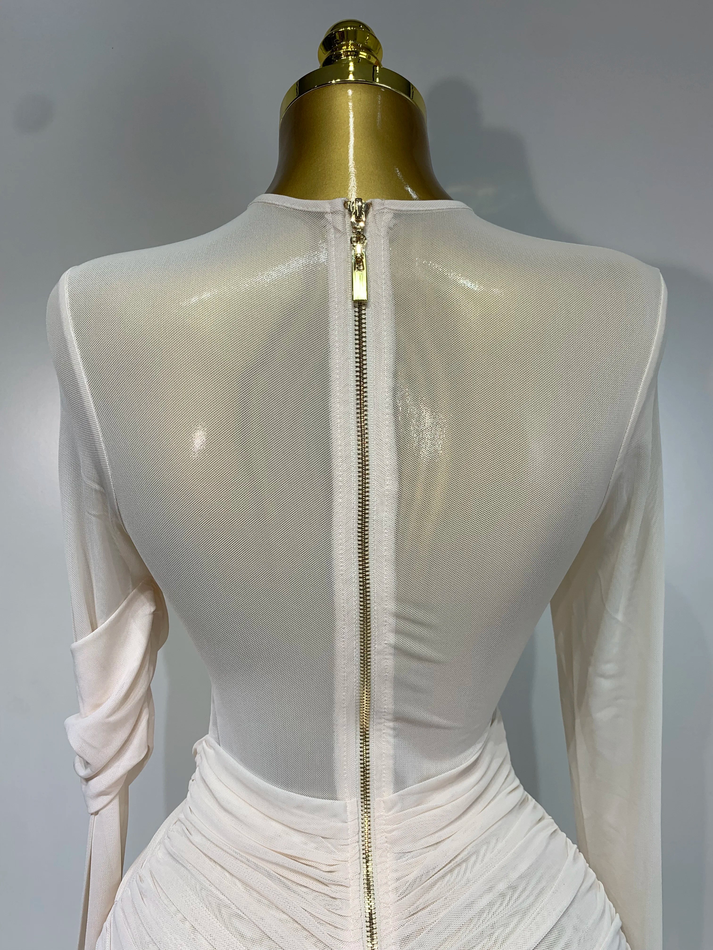 Ruched Mesh Draped Bodycon Maxi Dress Long Sleeve Illusion Evening Gown