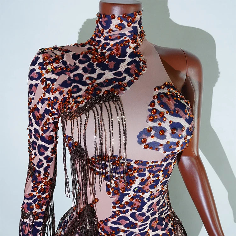 Leopard Sequin Fringe Asymmetrical Bodysuit One-Sleeve Stage Performance Costume