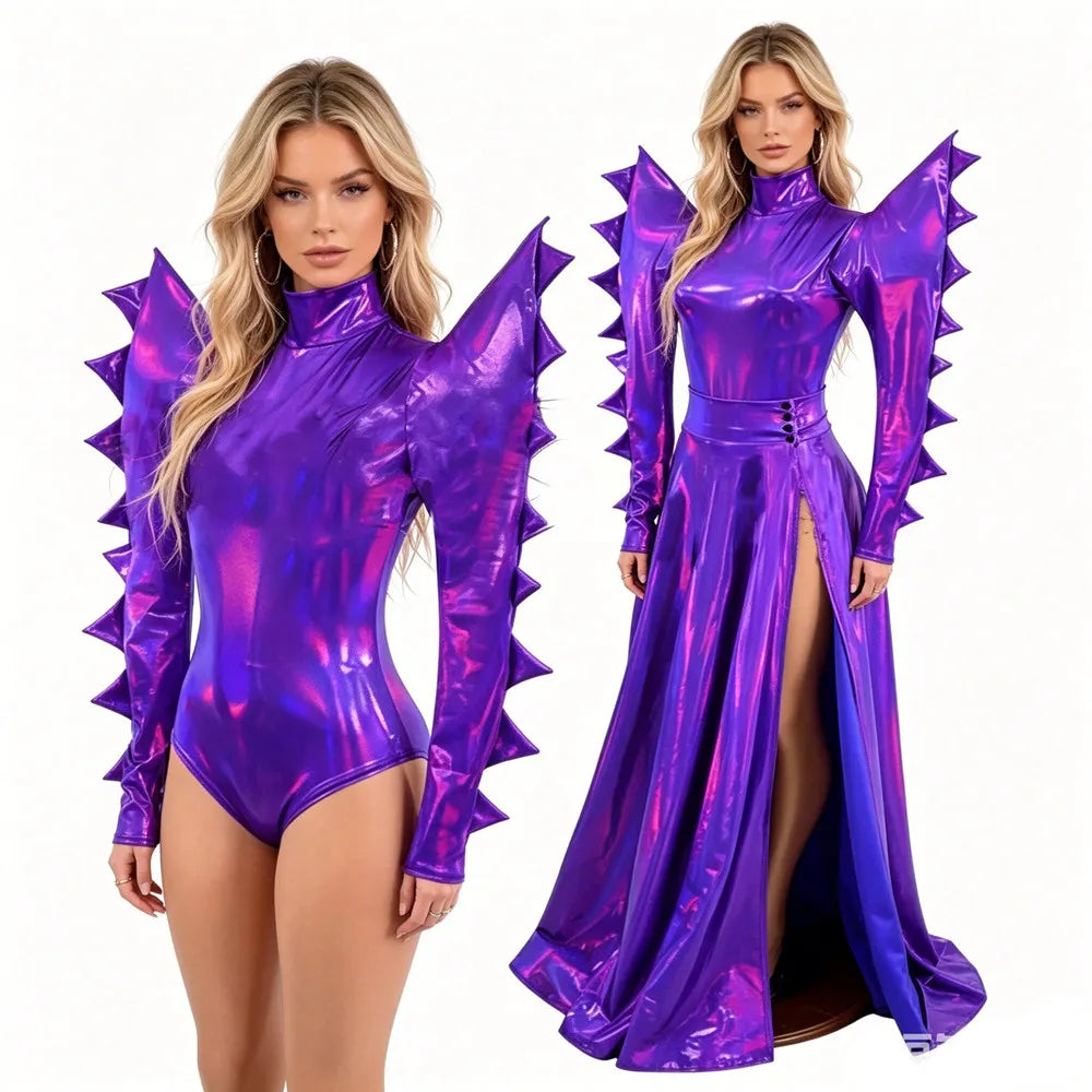 Metallic Armor Bodysuit & Trailing Bustle Skirt 2-Piece Stage Performance Costume Set