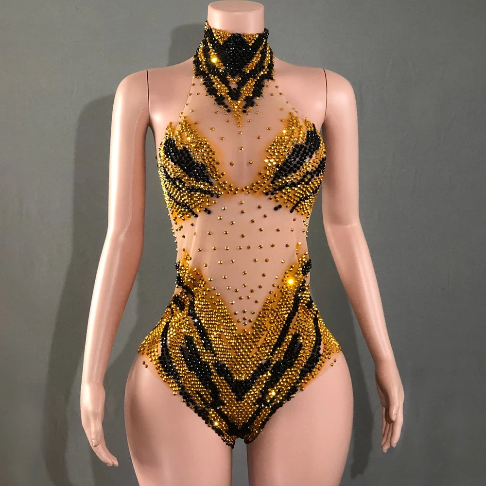 Sparkly Rhinestone Transparent Mesh Bodysuit Stage Performance Costume