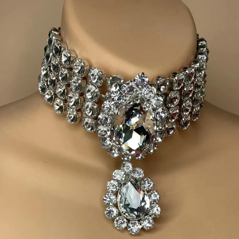 Layered Teardrop Rhinestone Statement Necklace