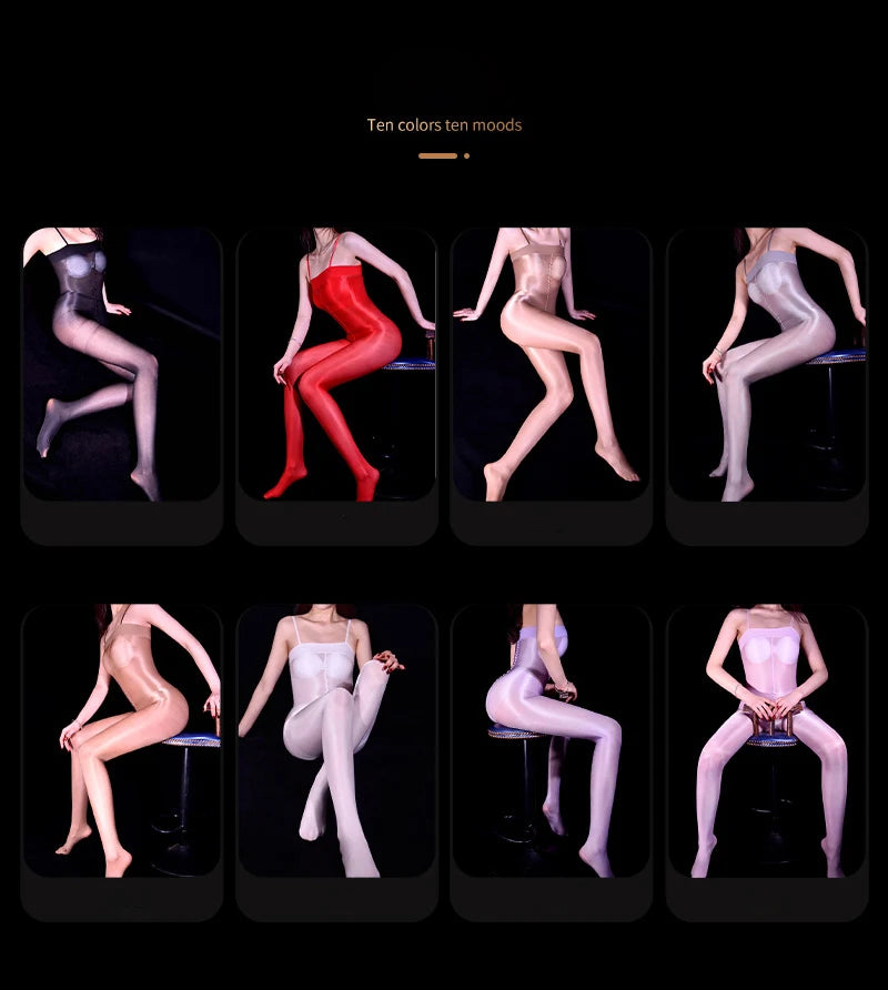Women Candy Color Shiny Bodysuit Stockings 80D Pantyhose Strapless Jumpsuits High Waist Stockings Sexy Tight Sheer Bandage Wear