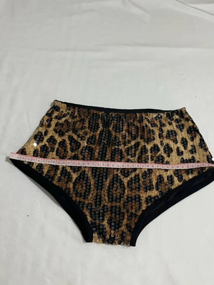Sequined Top & High-Waist Leopard Print Shorts 2-Piece Gogo Dance Set