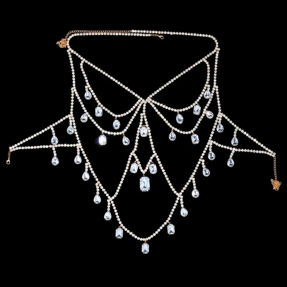 Oversized Glass Crystal Chest Chain Lingerie Vest Drag Queen Stage Body Jewelry