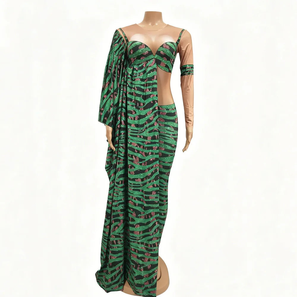 Irregular Single Sleeve Leopard Jumpsuit Green Tight Women Singer Stage Wear Nightclub Party Stage Performance Costume