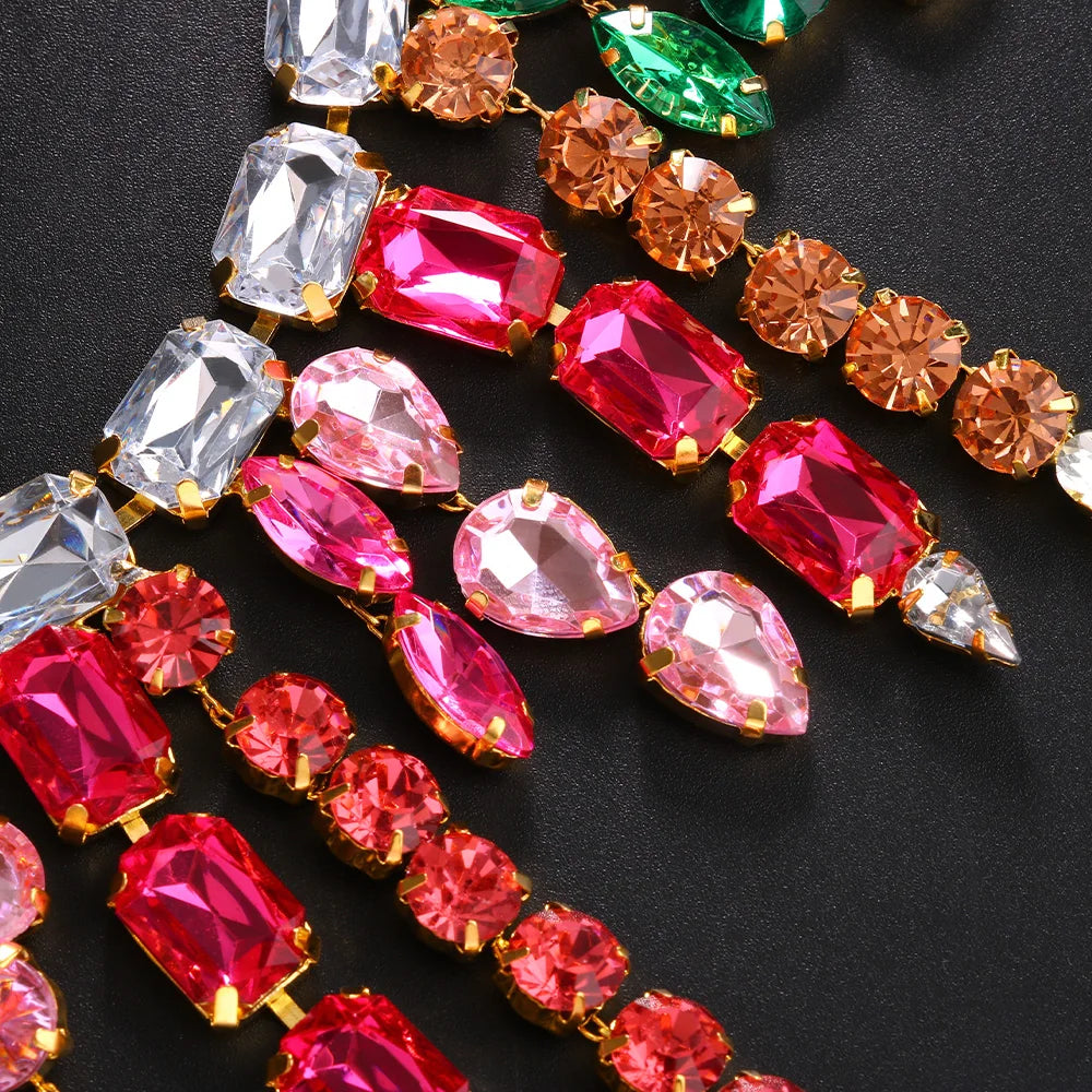 Oversized Colorful Crystal Square Rhinestone Tassel Choker Drag Queen Stage Necklace