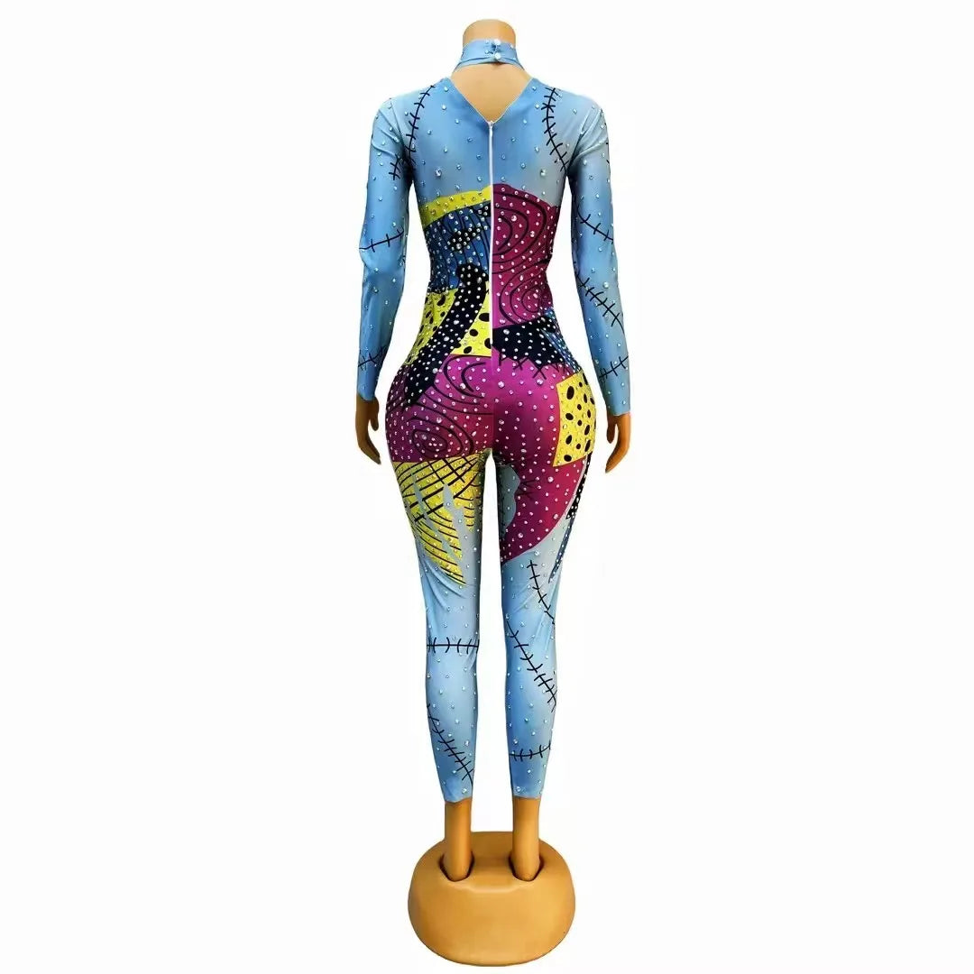 Women's Sky Blue AB Rhinestone Bodysuit & Leggings Set | Colorful Sparkly Jumpsuit for Stage & Club