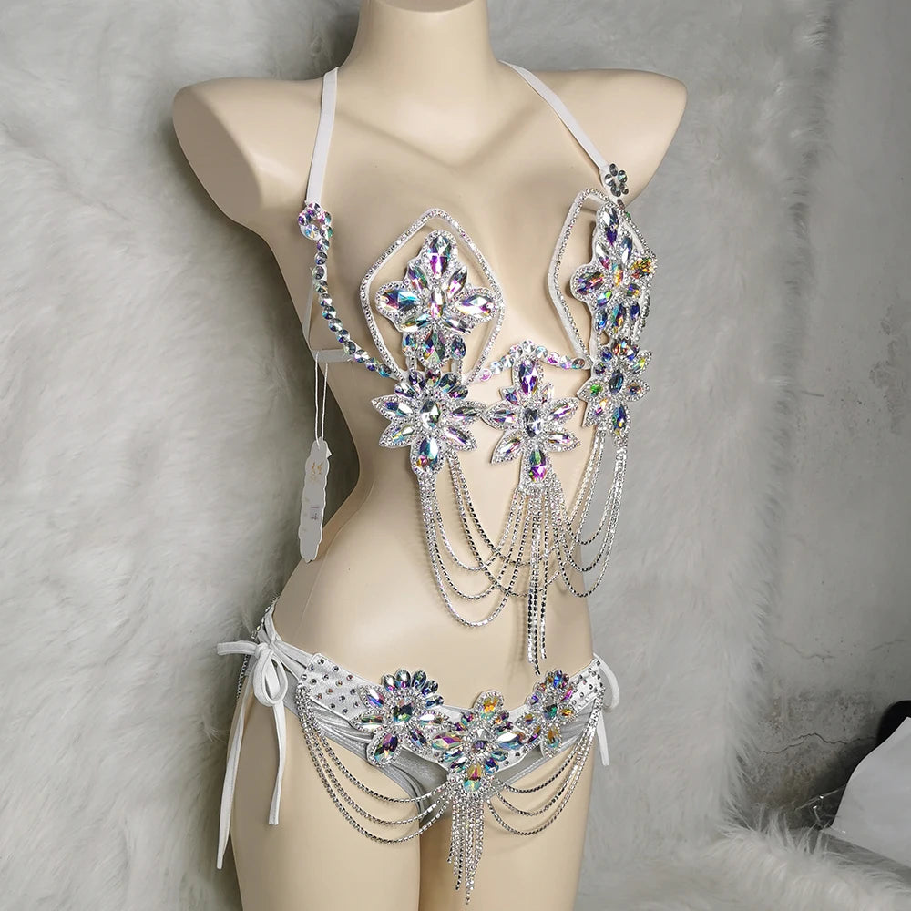 Handmade Samba Carnival Crystal Wire Bra, Panty & Belt 3-Piece Costume Set