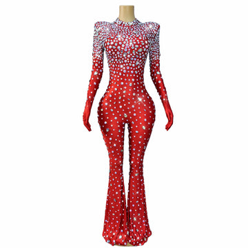 High Grade Sparkly Rhinestones Bell-Bottoms Jumpsuit Cocktail Party Fashion Show Singer Dancer Performance Costume