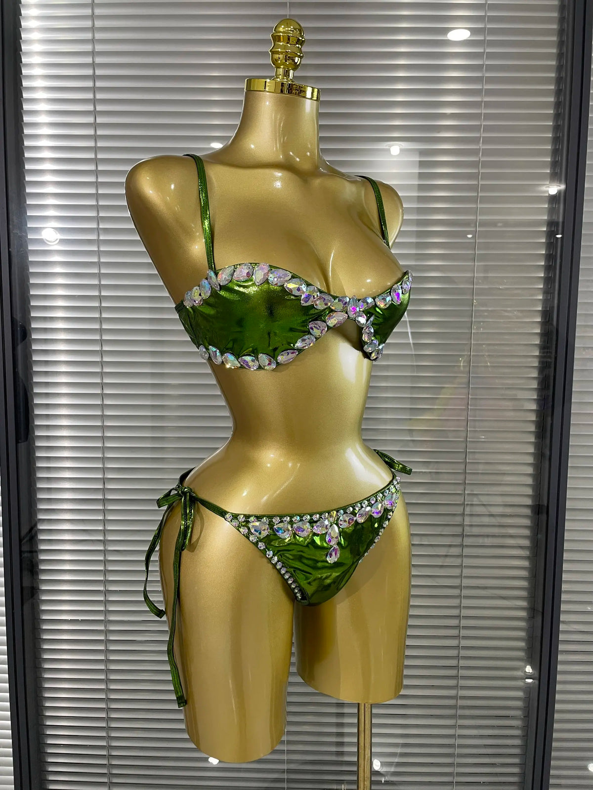 Green Color Women Sexy Shining Rhinestones 2 Pieces Costume Set Showgirl Stage Performance Swimwear