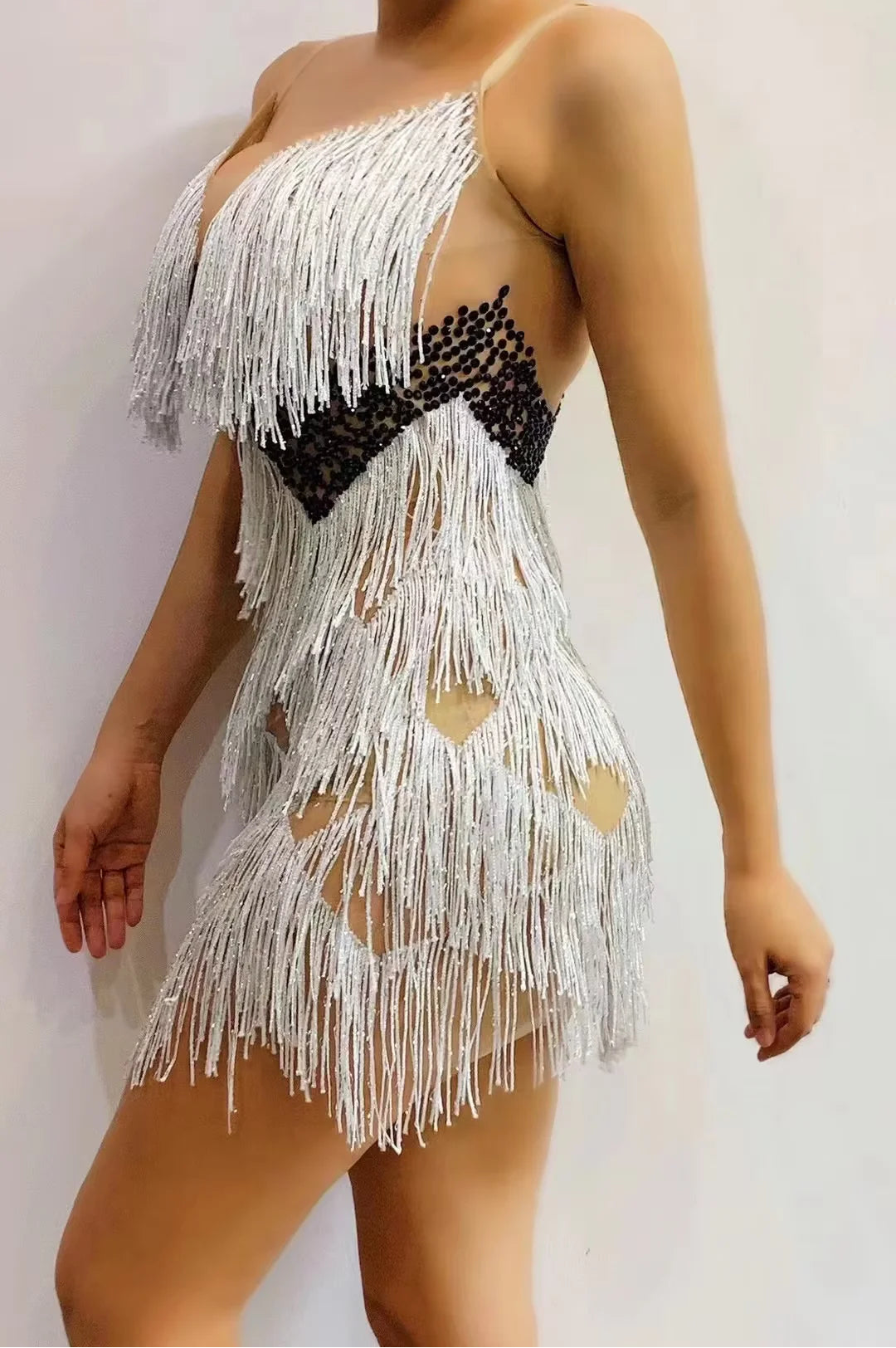 White Pearl Rhinestone Fringe Mini Dress Spaghetti Strap Cocktail Stage Costume