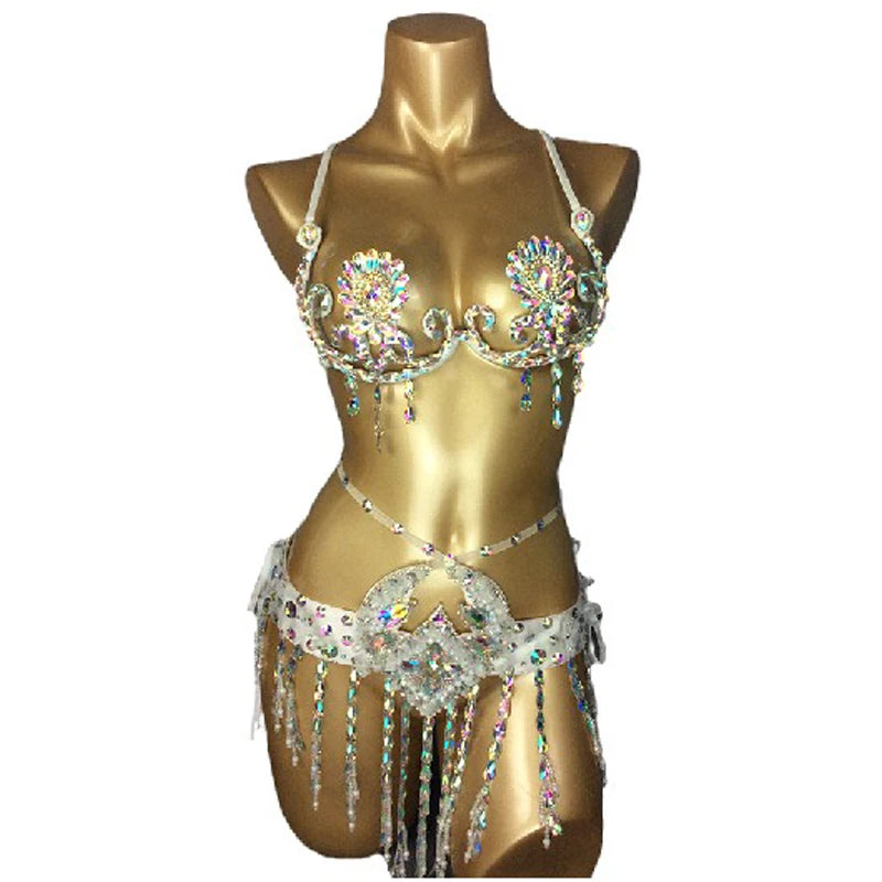 Sparkly Samba Carnival Rainbow Stone Wire Bra & Belt Two-Piece Costume Set