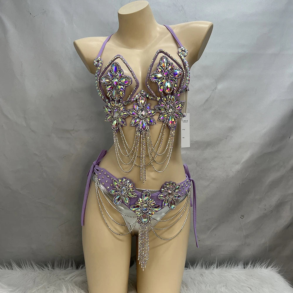 Handmade Samba Carnival Crystal Wire Bra, Panty & Belt 3-Piece Costume Set